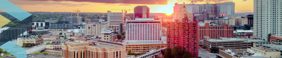 Rochester skyline at sunset.