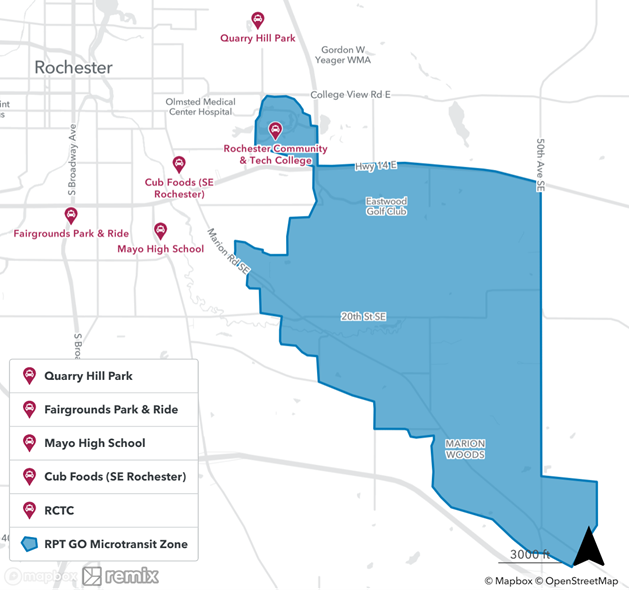 Map with five pick up/drop off hubs identified as well as shaded area showing zone for microtransit