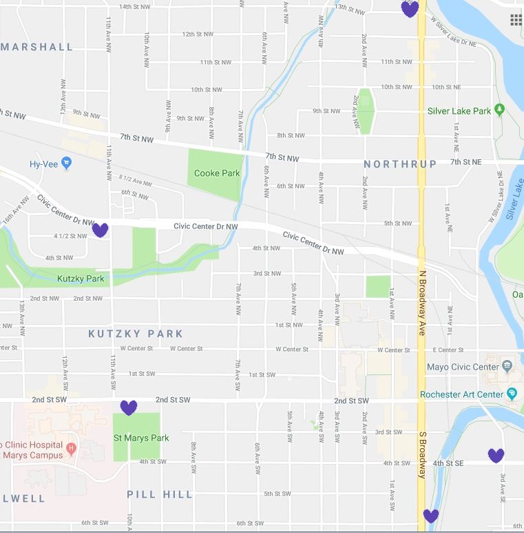 Map with Locations of Purple Heart in Rochester